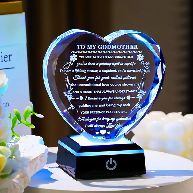 Arikyrist Godmother Gift from Godchild with Colorful LED Base Heart Crystal Gifts for Godmother on Birthday Christmas Mothers Day Thanksgiving from Goddaughter Godson