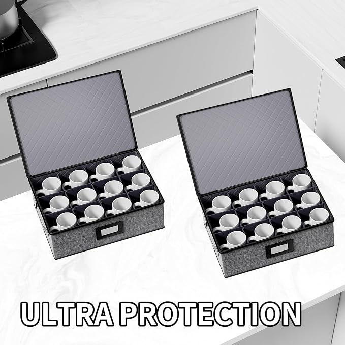 2-Pack Cup Storage Box with Dividers, Hard Shell Mug Organizer with Lid | Holds 24 Mugs, Teacups & Glasses, Quilted, Dual Zippers, Reinforced Handles, Stackable, Moving and Seasonal Storage, Grey