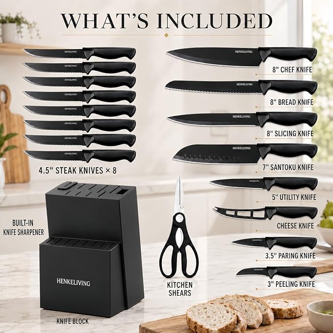 19-Piece Black Kitchen Knife Block Set with Built-in Sharpener | Dishwasher safe, German high-carbon stainless steel blades, ultra-sharp edges, ergonomic non-slip handles