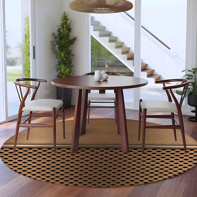 6 Ft Round Rug for Living Room, Brown Metal Hole Indoor Accent Rugs for Apartment, Modern Copper Net Eye Hole Pattern Decorative Circle Carpet Washable Low Pile Non Slip, Soft Rug for Bedroom