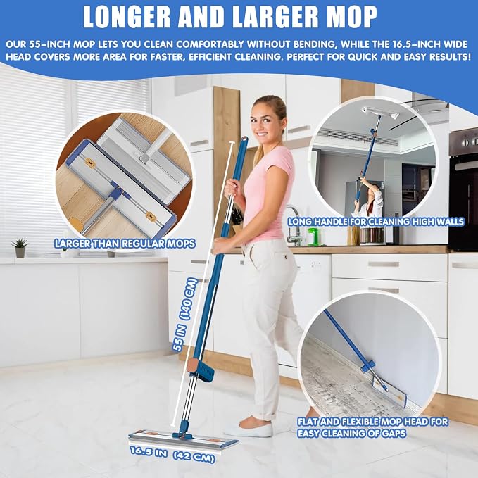 16.5" Self Wringing Flat Mop with Collapsible Bucket, Wet Dry Floor Cleaner System with 55" Long Handle, Foldable Bucket & 5 Microfiber Pads for Hardwood, Tile and Wall