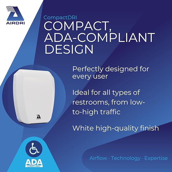 CompactDRI Automatic Hand Dryer - 1.0kW Low Noise Motor - 15-Second Dry Time - 70dBa Noise Output - ADA Compliant - Ideal for Commercial Spaces and Public Facilities - White