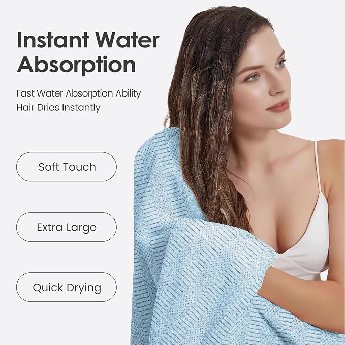JML Microfiber Bath Towels, Light Blue, 30" x 60", 2 Pack | Hanging Hook, Lint Free, Oversized, Soft, Super Absorbent, Fast Drying, Use for Sport, Fitness, Yoga, Diamond Cross Grid