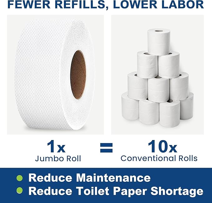 Commercial toilet paper - Jumbo toilet paper rolls -3,600 FT Industrial 3-Ply 9” Bulk Large Roll for Standard Jumbo Dispenser -100% Recycled Fibers-Soft and Absorbent Bathroom Tissue -6 Roll Case Pack