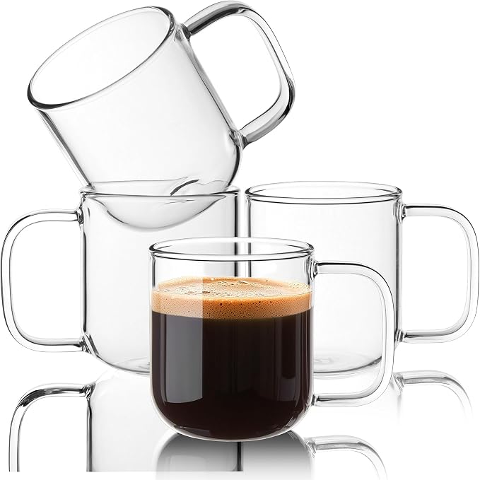 Glass Coffee Mugs, 8 oz iced coffee cups, Clear Tea Cups Set of 4, Glass Mugs with Handles, Glass Cups for Latte, Cappuccino, and Tea