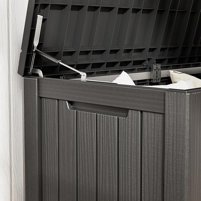 151 Gal Deck Box, Outdoor Storage Box Waterproof Lockable, Gas Lift,Black | Large sturdy grey resin deck box, double wall panels, waterproof backyard storage for package delivery, garden hoses tools
