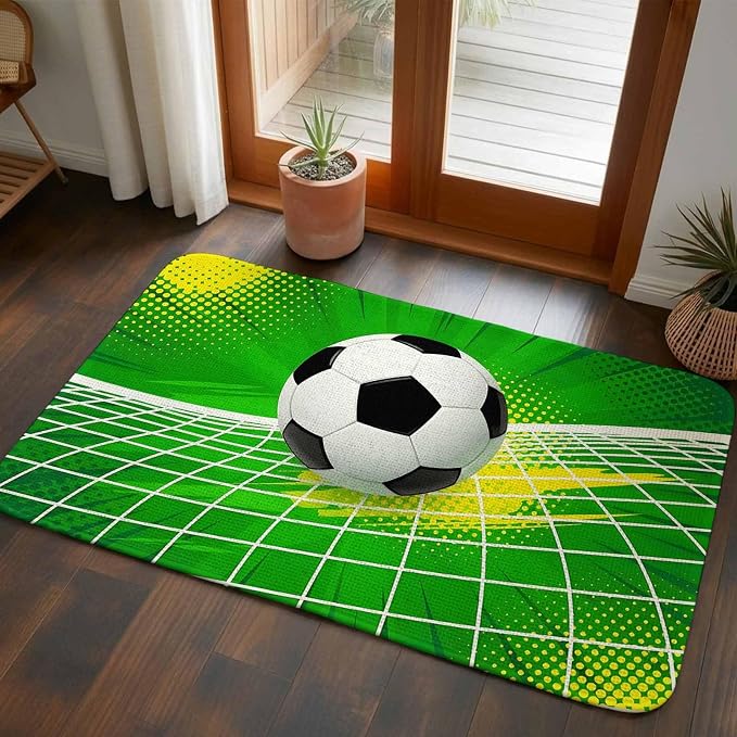 Green Football Bathroom Rugs Non Slip Washable Bath Mat Absorbent Low Pile Front Door Mat Soccer Ball Goal Net Vibrant Indoor Doormat for Kitchen Entryway Shower Decor Accessories 15.7"x23.6"