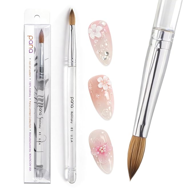 PANA Pure Kolinsky Hair Acrylic Nail Brush - Oval Crimped Clear Acrylic Handle (Size 8)