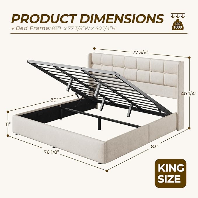HISOFT King Size Lift Up Storage Bed Frame, Linen Upholstered Platform Bed with Wingback Headboard, Heavy Duty Hydraulic Gas Lift Underbed Space, Reinforced Full Metal Slats, Noise Free, Beige