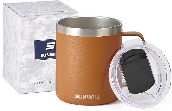 SUNWILL Insulated Coffee Mug, Stainless Steel 14 oz, Splash-Proof Lid | Keeps Drinks Hot & Cold, Powder Coated Caramel Finish, Dishwasher Safe, Ideal for Home & Office