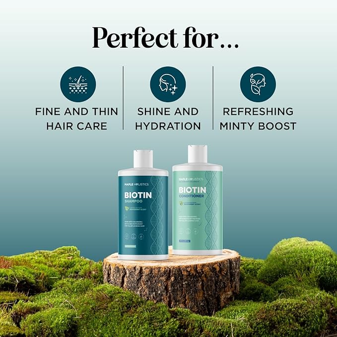 Volumizing Biotin Shampoo and Conditioner Set - Peppermint Shampoo and Conditioner for Thinning Hair Care with Argan Coconut & Olive Oil - Color Safe - Paraben Silicone & Sulfate Free (16 Fl Oz Each)