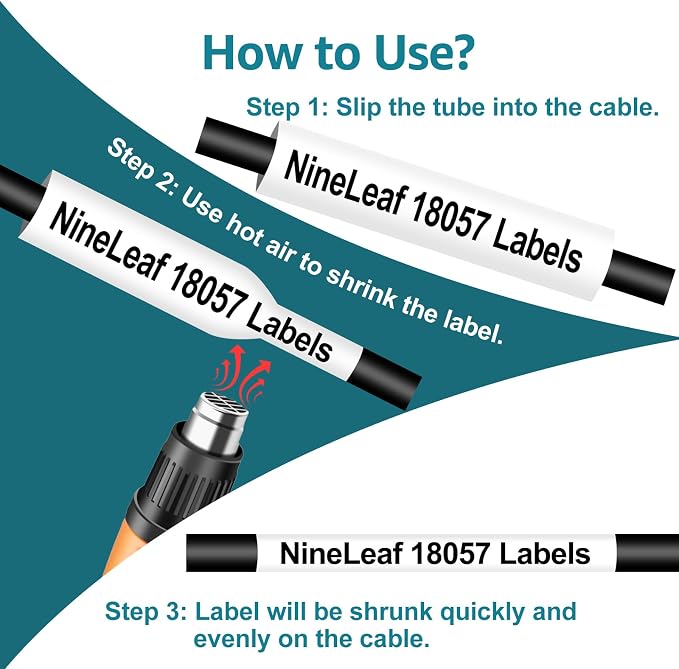 NineLeaf 4 Pack Compatible Labels Tape Replacement for Dymo 18057 3/4 inch Black on White Heat Shrink Tube Labels 19mm x 1.5m for Wires and Cables Use in Rhino 4200 5200 5000 6000 3M Label Maker