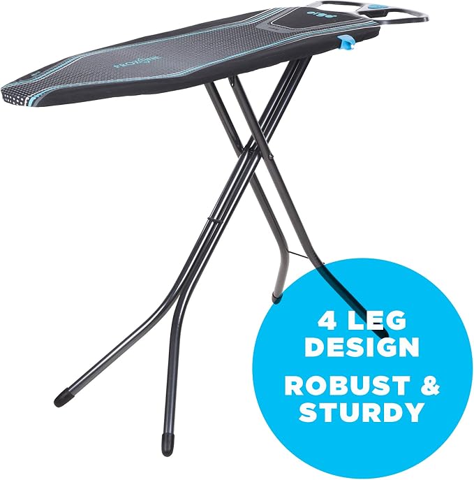 Minky Ergo Prozone Ironing Board | Made in UK | Dual Iron Rest, Heat Reflective Cover, Thick Felt Underlay - Freestanding Ironing Board with Large 48" x 15" Ironing Surface (Gunmetal and Blue)