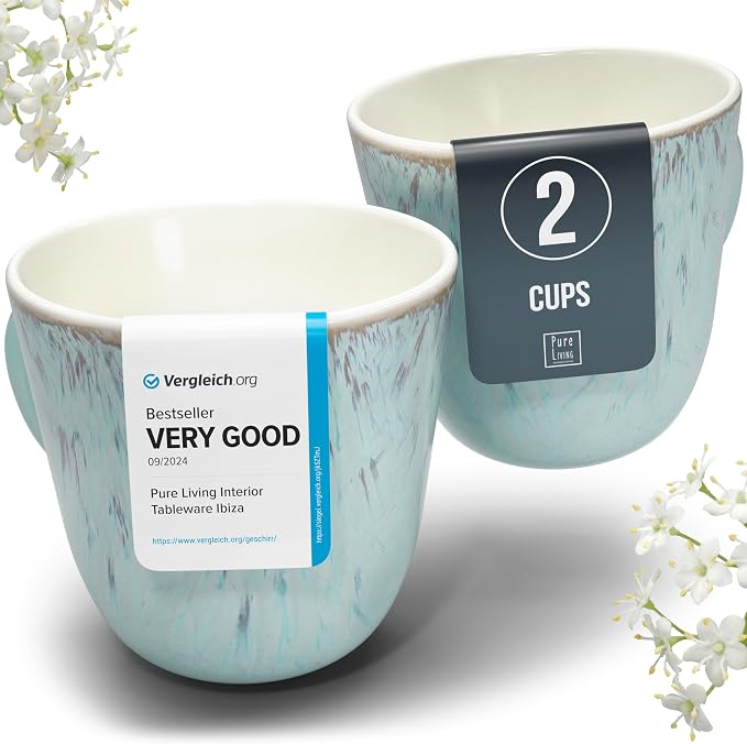 PURE LIVING INTERIOR DESIGN Stoneware Coffee Mugs Set of 2, Modern Beige-Blue, 14.5 Oz, Ceramic, Dishwasher & Microwave Safe