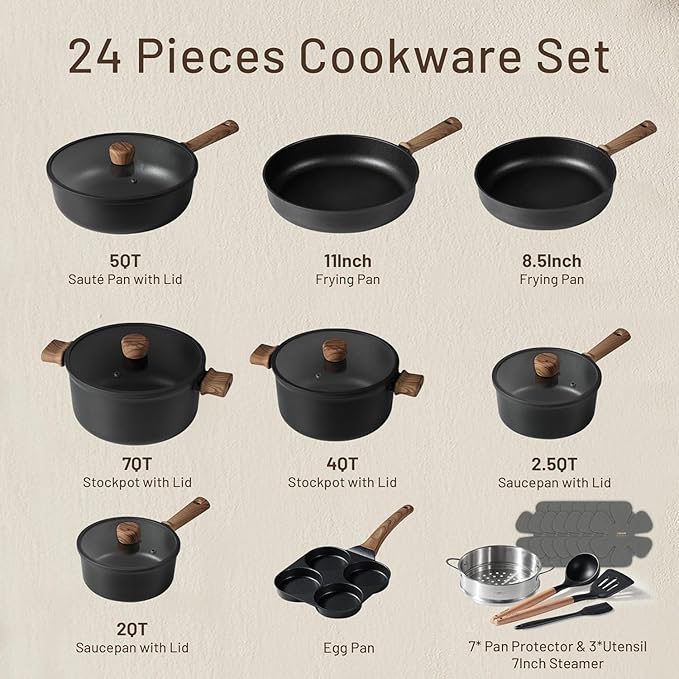 CAROTE 24Pcs Nonstick Kitchen Titanium Cookware Sets, Non stick Pots and Pans set, Induction Cookware Set Black