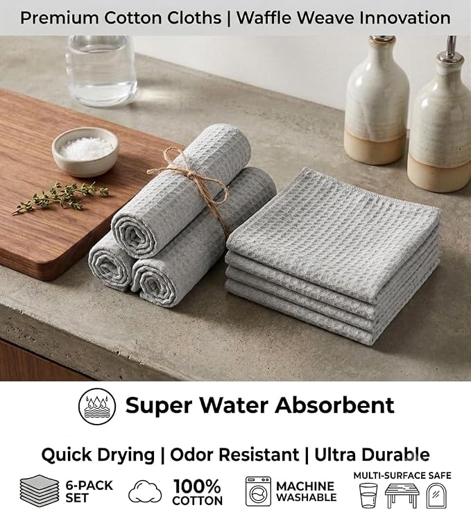 Urban Villa Kitchen Towels Waffle Dish Towels for Kitchen Smoke Color Set of 6 Over Sized 18x28 Inches Kitchen Towels Highly Absorbent 100% Cotton Mitered Corners Kitchen Hand Tea Towels Dish Cloths