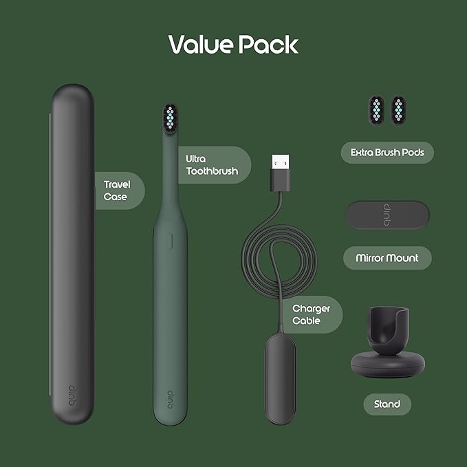 Quip Ultra Next Generation Smart Sonic Toothbrush - Timed Electric Toothbrush for Adults - Replaceable Brush Head, Soft Bristles, Silicone Handle, 30-Day Battery Life, Travel Case - Moss Green