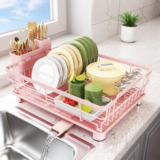 Dish Drying Rack for Kitchen Counter,12.8" W x 16.9" L,Pink | Space Saving Dish Rack, Self-Draining Drainboard, Rustproof Dish Drainer, Removable Utensil Holder