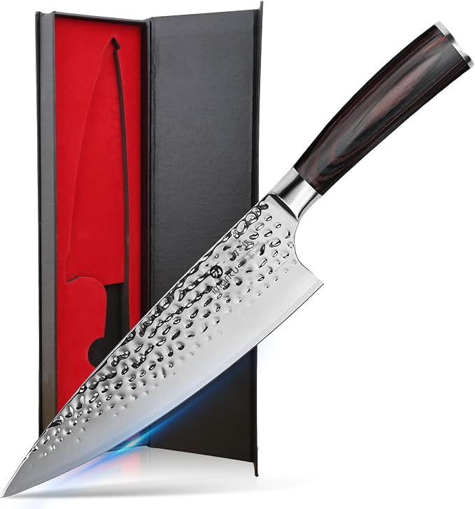 imarku 8 Inch Hammered Japanese Chef Knife,Powder Steel Edge Kitchen Knife | Forged from Japanese HC Stainless Steel,Anti-Stick Blade,Exceptional Hardness of 62±1 HRC,Ideal for Professional Knife Gift