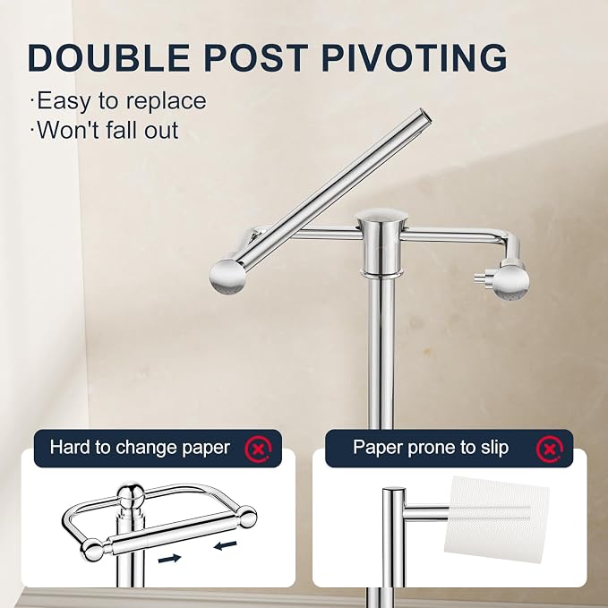 Bathroom Toilet Paper Holder Stand, Polished Chrome Toilet Paper Holder Free Standing, Stainless Steel Pivoting Toilet Tissue Roll Holder，Adjustable Height (14 to 24 Inch) Paper Holder