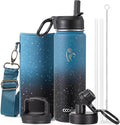 Coolflask Water Bottle 24 oz Insulated with Straw, Stainless Steel Metal 3 Lids Water Flask Wide Mouth for Sports or Office, Non-BPA Keep Cold Up to 48 Hrs or Hot Up to 24 Hrs, Turquoise