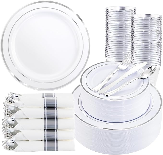 WDF Partyware 350Piece Silver Plastic Dinnerware Set for 50 Guests - Silver Plastic Plates with Cutlery Include:50Dinner Plates-50Dessert Plates-50Pre Rolled Napkins with Silverware Party Wedding