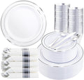 WDF Partyware 350Piece Silver Plastic Dinnerware Set for 50 Guests - Silver Plastic Plates with Cutlery Include:50Dinner Plates-50Dessert Plates-50Pre Rolled Napkins with Silverware Party Wedding