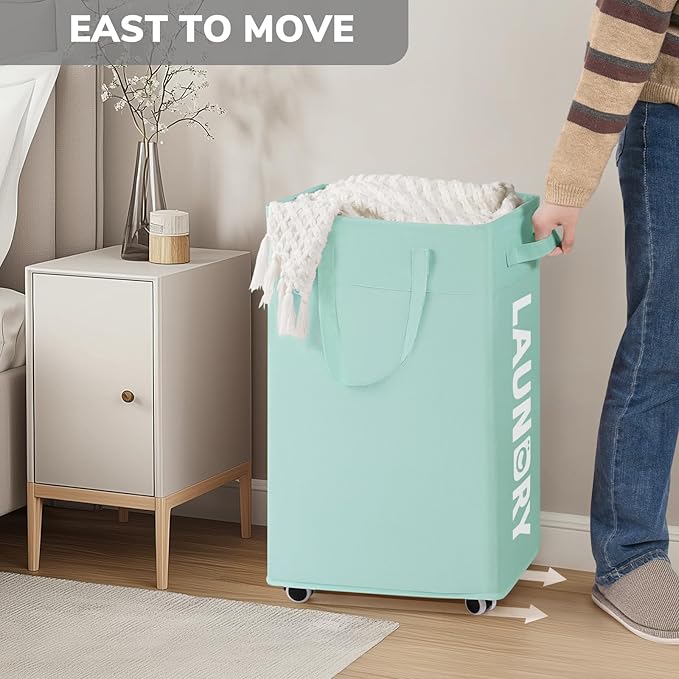 Goodpick Rolling Laundry Basket with Wheels 2-Pack, 75L Large Collapsible Laundry Hamper with Removable Wash Bag Space for living room, Blue