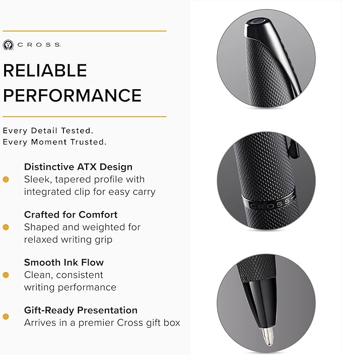 CROSS ATX Refillable Stainless Steel Ballpoint Pen with Diamond Pattern, Medium Ballpoint, includes Premium Gift Box and Black Cartridge, 1 Pack, Metallic Black