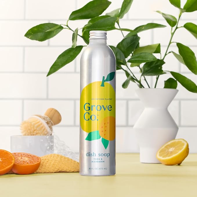 Grove Co. Yuzu & Mandarin Dish Soap Refill Bundle - 3 Aluminum Bottles (16 oz) with Reusable Glass Dispenser, Citrus Scented Grease-Cutting Plant-Based Formula