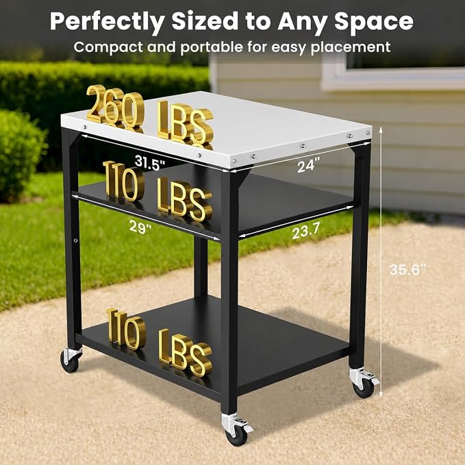 Hisencn 3-Tier Pizza Oven Table, Stainless Steel Outdoor Grill Prep Cart | 32x24 Inch Stainless Steel Grill Table for Pizza Ovens,Blackstone,Cuisinart,Portable Food Station with Hooks&Lockable Wheels