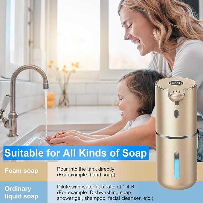 OHIFAST Automatic Foaming Soap Dispenser Touchless, USB Rechargeable Smart Hand Soap Dispenser, 6-Level Adjustable, 12.8oz/380mL Wall Mounted for Bathroom Kitchen Dish Soap-Gold