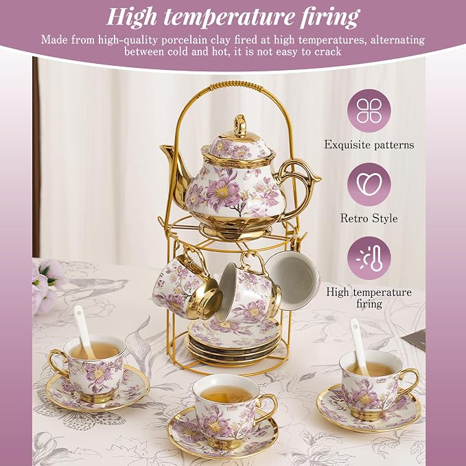 20 Pcs Porcelain Tea Set with Metal Holder European Flower Tea Sets for Adults, Ceramic Tea Party Set European Flower Painting Teapot Cup Saucer Spoon Set for Women, Large Version (Elegant Purple)