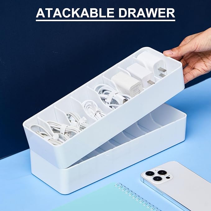 Tatuo 2 Pcs Cable Organizer with 20 Wire Ties, Plastic Cord Storage Charger Electronics Box with Adjustment Compartments for Drawer Home Office Desk Accessories (White)