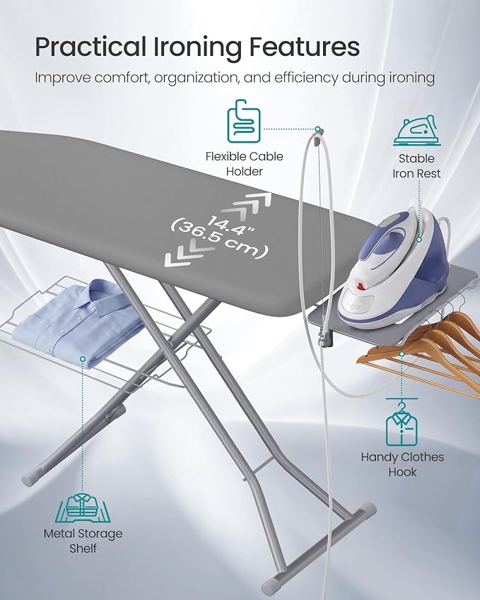 SONGMICS Folding Ironing Board Full Size, 14x54, 7-Level Adjustable Height Iron Board with Iron Rest, Cord Holder, Storage Rack, Steel, for Laundry Room, Gray, Borix Collection ULLB009GD01S