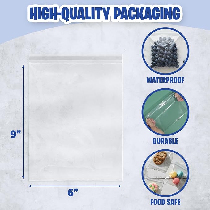 Seal Fresh 6" x 9" (1000 Count) 2 Mil Clear Reclosable Zip Plastic Poly Bags — Resealable Zip Bag, Seal Bags for Treats, Crafts, Party Favors, Small Food Storage, Packaging