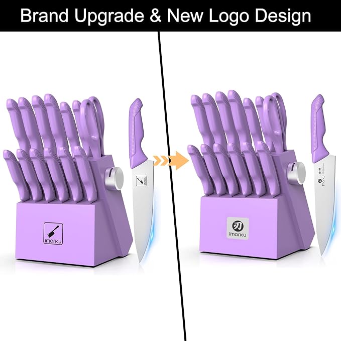imarku® Kitchen Knife Set, Sharp Knives Set with Built-in Sharpener, Stainless Steel Block Knife Set and Non-Slip Ergonomic Handle, Dishwasher Safe, 14 PCS Professional Knife Set for Gift, Lavender