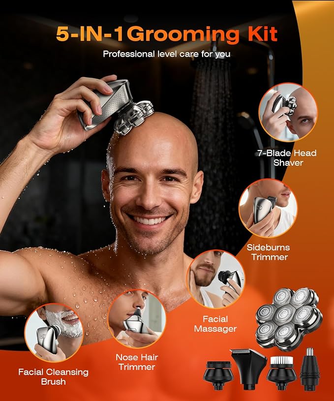 7D Head Shavers for Bald Men, Waterproof Wet or Dry Electric Razor for Men, 5-in-1 Detachable Head Shaver, Grooming Kit, LED Display/Type-C Charge, Travel-Friendly-Steel Gray