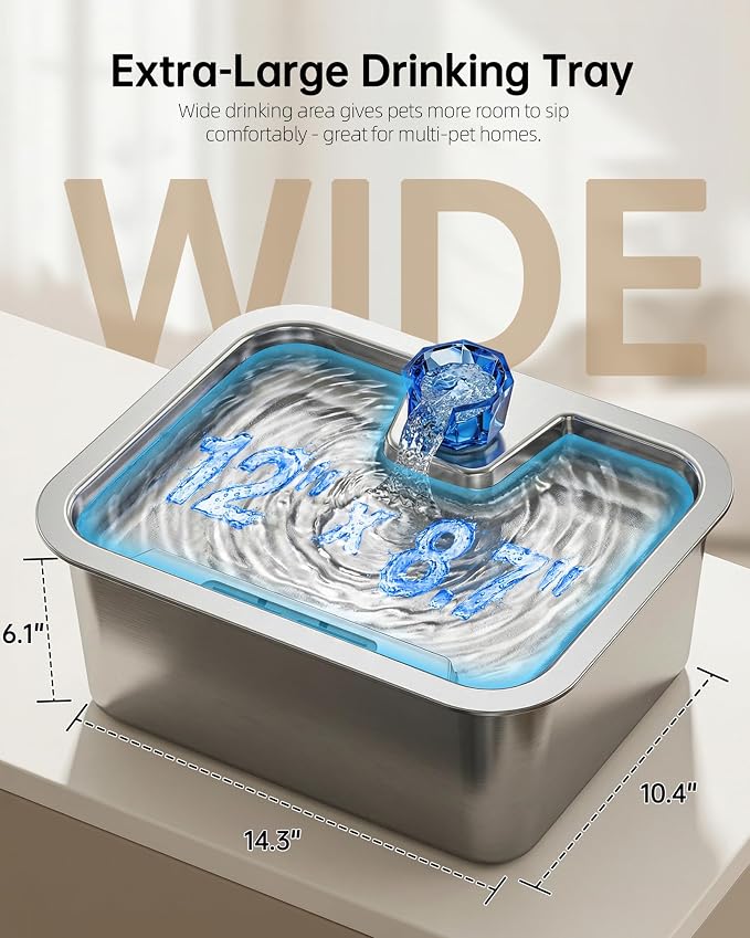 Dog Water Fountain with Silicone Mat - 3 Gallon Stainless Steel Pet Water Fountain with 6 Filters, Quiet Automatic Bowl Dispenser Drinking Waterer for Large Dogs & Multi-pet, Easy to Clean, Indoor Use