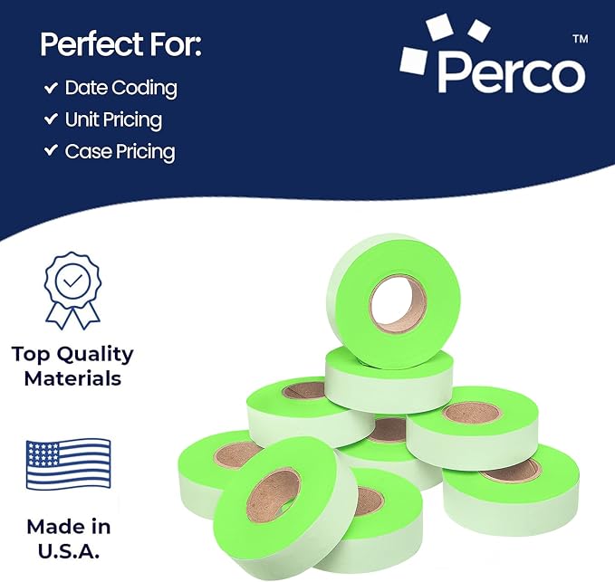 Perco Fluorescent Green Price Marking Labels - 11,000 Blank Labels for Garvey Contact 22-6/22-7/22-8 Price Gun with Ink Roll Included - 9 Rolls, 1 Sleeve - Made in USA