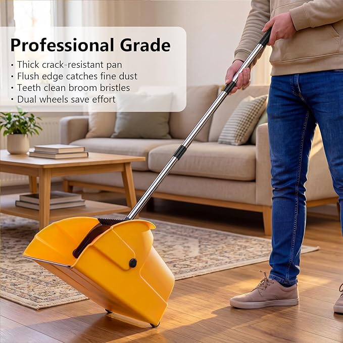 Jumbo Commercial Dustpan with Wheels & Comb Teeth - Heavy Duty 14.2" Rolling Debris Pan - Long Handle Extra Large Upright Dust Pan for Industrial Warehouse Garage Restaurant Sidewalk Outdoor - Yellow