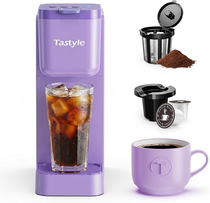 Tastyle Single Serve Coffee Maker Hot and Iced with Bold Brew, Up to 16 Oz | for K Cup and Ground, Fits 7.3'' Travel Mug, 5 Cup Sizes, Compact for Office, RV& Hotel, K320, 3.0 Version, Purple