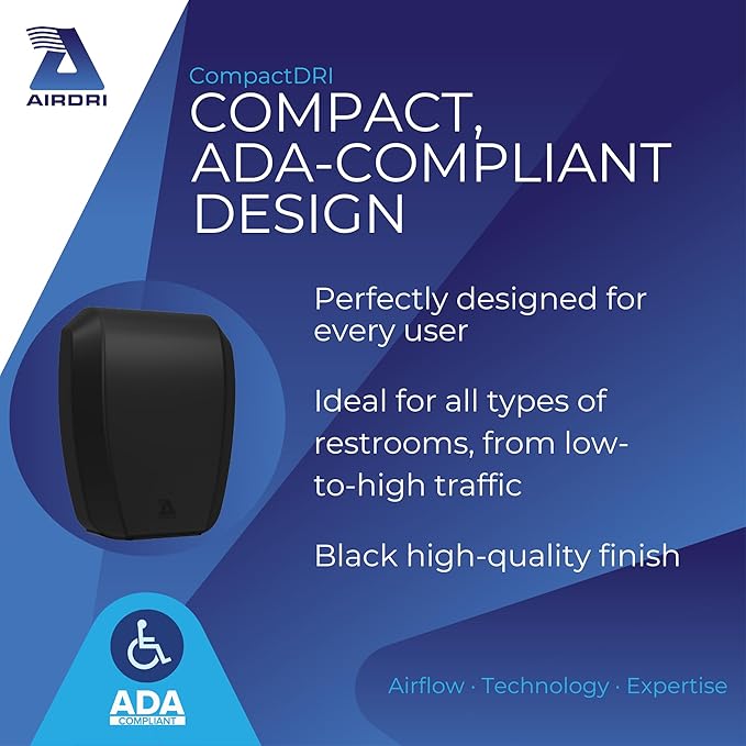 CompactDRI Automatic Hand Dryer - 1.0kW Low Noise Motor - 15-Second Dry Time - 70dBa Noise Output - ADA Compliant - Ideal for Commercial Spaces and Public Facilities - Black