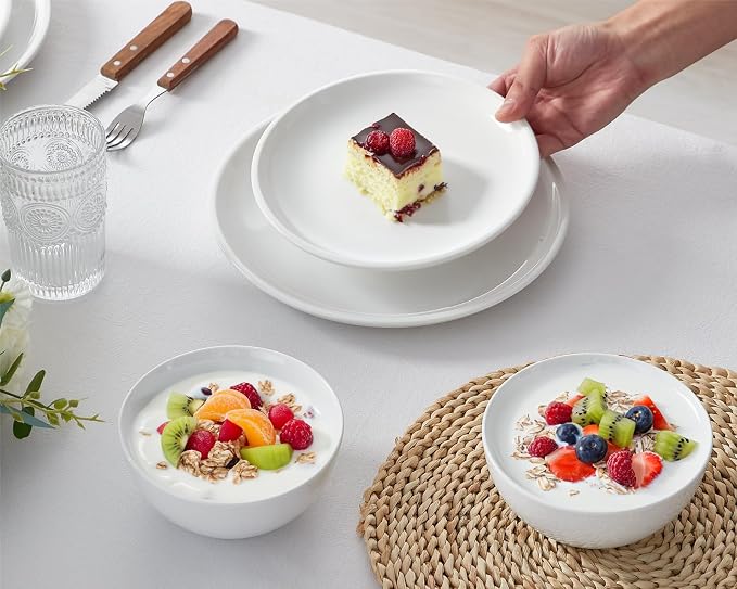 ONEMORE Plates and Bowls Set 12 Pcs,Stoneware Dinnerware Sets for 4 Microwavable,Oven & Dishwasher Safe Porcelain,Scratch Resistant Dishes Set,White