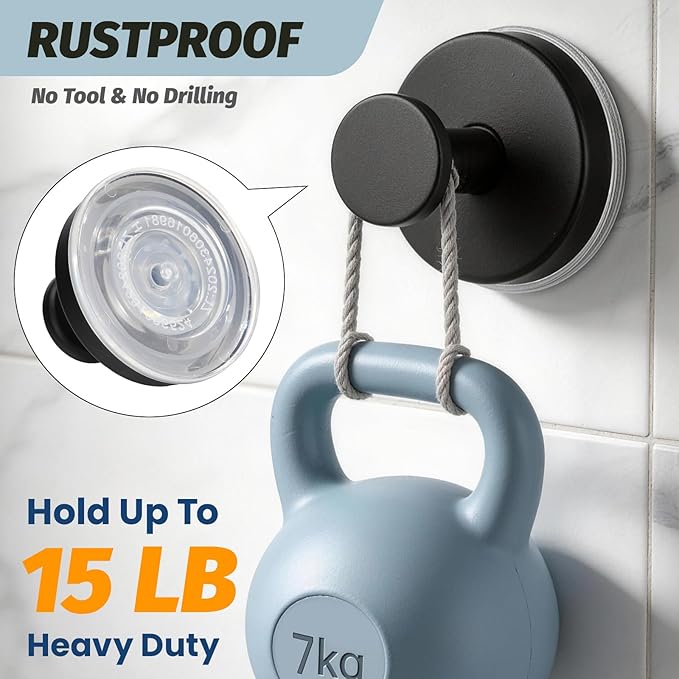 Large 15lb Suction Cup Hooks for Shower, No-Drill Bathroom Towel Hooks for Robes, Loofah, Removable Mountable on Glass, Tile, Mirrors, Smooth Non-Porous Surfaces (2, Matte Black)
