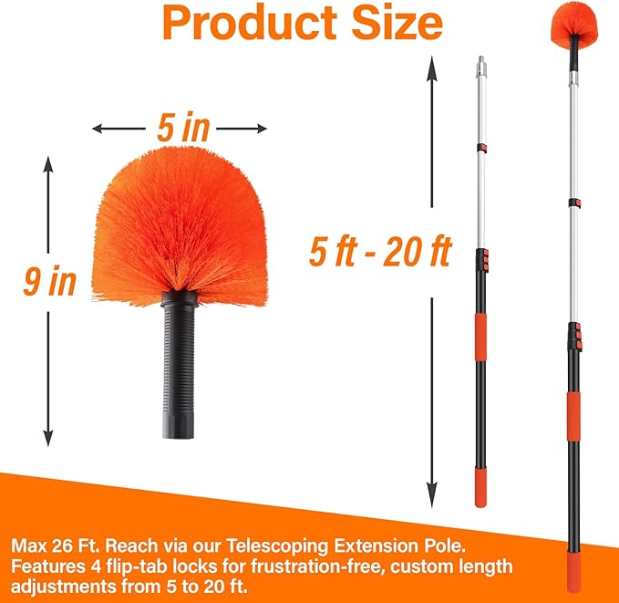26FT Reach Cobweb Duster with Extension Pole - Spider Web Brush with 5-20 FT Telescopic Aluminum Pole, Washable & Reusable Soft Bristles for Cleaning High Ceiling Corner, Indoor, Outdoor