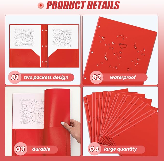Yeaqee 72 Pcs Plastic Folders with Pockets Bulk 3 Hole Punched 2 Pocket File Folders for 3 Ring Binder Divider Folder for Notebooks, Durable Poly for Office Home (Red)