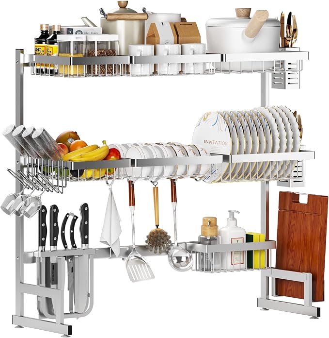 PUSDON Over Sink Dish Drying Rack Stainless Steel, Adjustable Large Dish Drainer for Storage Kitchen Organization Silver 3 Tier - Standard(34"-46")