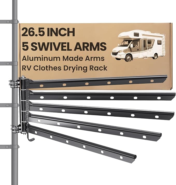 5 Swivel Arms RV Clothes Drying Rack, 26.5-inch Width Ladder Mounted Clothes Drying Rack, All Metal, Foldable Design, RV Must Have for MotorHomes, Fifth Wheels, Trailers | All Metal 5 Swivel Arms