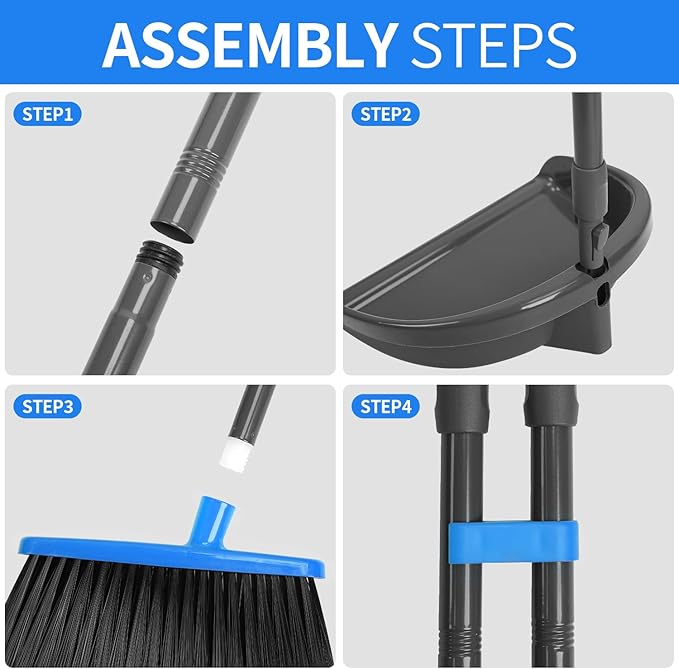 REEWII Broom and Dustpan Set ，Long Handle Broom with Upright Standing Dust pan for Indoor Outdoor Home Kitchen Office Floor Cleaning